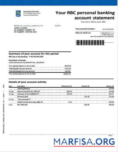 Blank Canada Royal Bank of Canada account bank statement word real example
